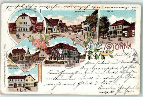 99976 O5701 Dörna 1906 Gebrauchsspuren Gemeinde Gasthaus Hauptstraße Pfarrei Kirche Schule Gasthaus Schildbach Jagd Casino Lithographie