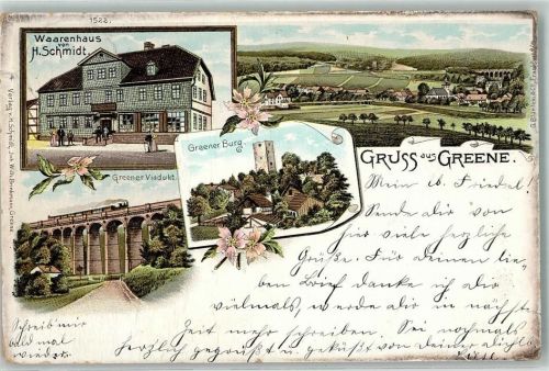 37547 W3350 Greene b Kreiensen Lithographie Warenhaus H. Schmidt Greener Burg Greener Viadukt Eisenbahn