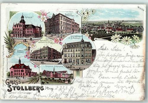 09366 O9150 Stollberg , Erzgeb 1899 Lithographie Rathaus Hotel Weisses Ross Bes Ed. Fechner jun Geschäftshaus A. B. Deubner Realschule Progymnasium Bürgerschule Kaiserl. Postamt Schloss Hoheneck