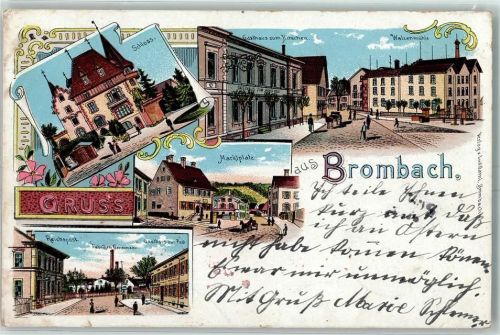 Brombach 1904 Schloss Gasthaus Zum Hirschen Walzenmühle Marktplatz Reichspost Fabriken Grossmann Gasthaus Zur Post Lithographie