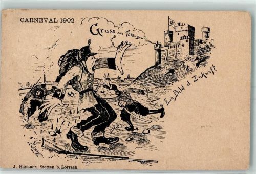 Tüllingen 1902 Karneval 1902 Ein Bild der Zukunft Soldaten Gewehr Burg sign W. Hügin