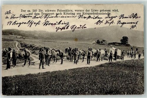 Kötzting 1915 Felsenklotz Transport zur Kriegerdenkmalstelle Löwe Pferde