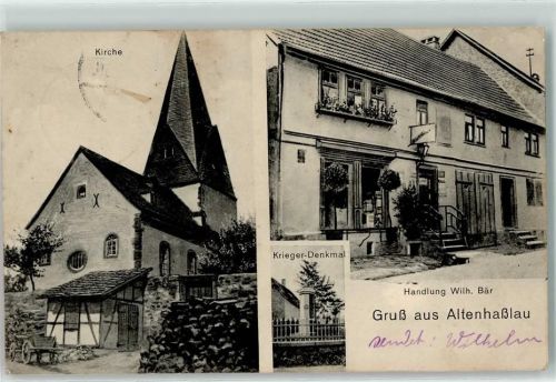 63589 W6464 Altenhaßlau 1915 - Kirche Kriegerdenkmal Handlung Wilh. Bär