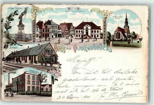 Quakenbrück 1901 Sieges-Denkmal Langestraße Rathaus St. Sylvester-Kirche Bahnhof Firma Schade & Co Lithographie