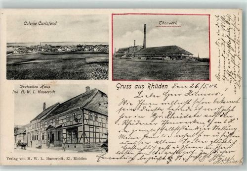 38723 W3370 Rhüden 1906 - Kolonie Carlsfund Thonwerk Deutsches Haus Inh H. W. Hasserodt