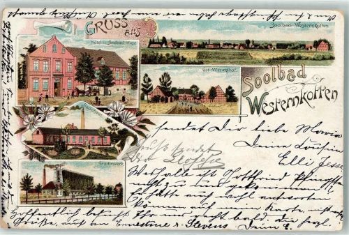 59597 W4782 Bad Westernkotten 1899 Lithographie Hotel Soolbad Wiese Gut Werninghof Badehaus Gradirwerk