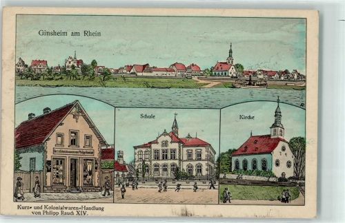 65462 W6095 Ginsheim-Gustavsburg 1918 Künstlerkarte Kurz- und Kolonialwaren-Handlung Philipp Rauch Schule Kirche sign AP