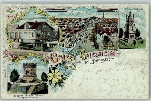 64347 W6103 Griesheim , Hess 1902 Lithographie Kriegerdenkmal Kaisersaal Lokalbahn Friedrich August Denkmal Landgraf von Hessen