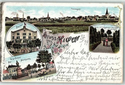 Hilden 1899 Pensionat Kaiserdenkmal Post Marktplatz Ruine mit Umgebung Städt. Anlagen