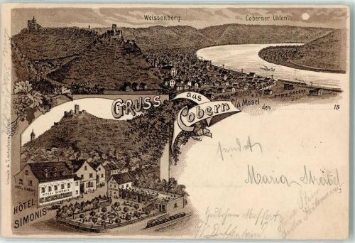 56299 W5405 Kobern 1899 Lithographie / Mondschein Weissenberg Coberner Uhlen Hotel Simonis