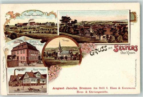 65618 W6251 Selters Taunus Lithographie Kloster Konradsdorf Gasthaus Zum Steinern Haus Kirche Dampf-Molkerei Werbung August Jacobs Bremen