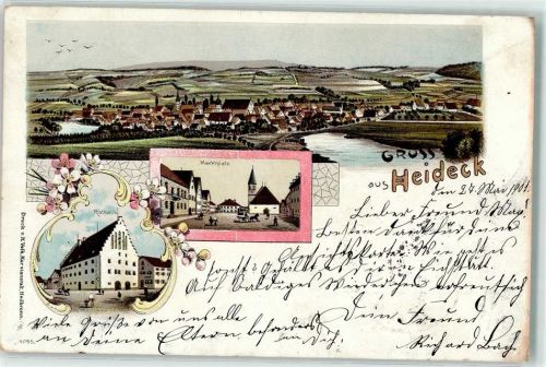 91180 W8548 Heideck , Mittelfr 1901 Lithographie Marktplatz Rathaus