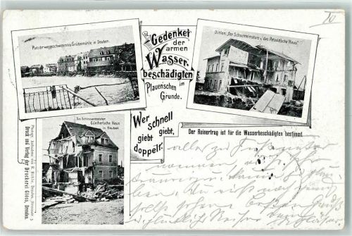 01705 O8210 Deuben 1897 - Hochwasser Plauen'schen Grund Platz der weggeschwemmten Grützenmühle Schlossermeister Günther'sches Haus Döhlen Schachteinsturz Petzoldsches Haus Spendenkarte