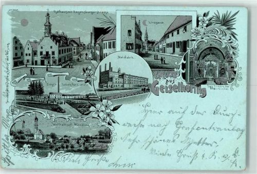 94333 W8442 Geiselhöring 1900 Lithographie Rathaus Regensburgerstraße Linsgasse Pfarrkirche Malzfabrik Ziegelei Ludwig Forstner und Co Wallfahrtsort Heindling