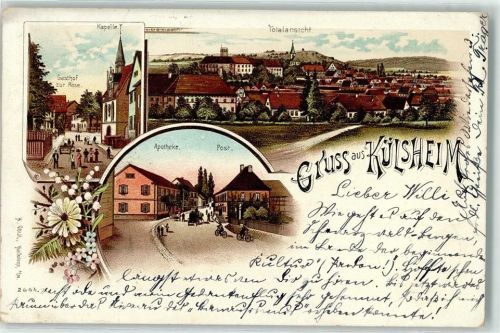 97900 W6987 Külsheim , Baden 1900 Lithographie Kapelle Gasthaus Zur Rose Apotheke Post