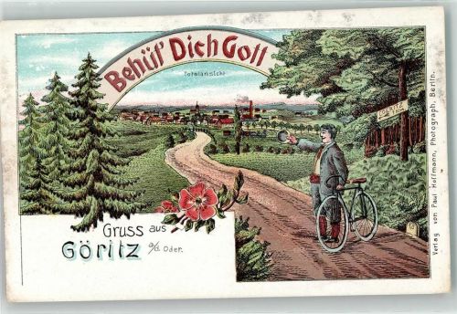 Göritz a. d. Oder Gorzyca Lithographie Mann Fahrrad