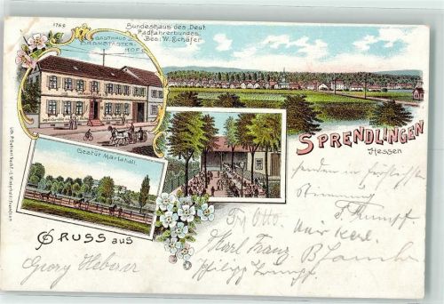 Sprendlingen 1903 Bundehaus des Deutschen Radfahrerbundes W. Schäfer Gasthaus Zum Darmstädter Hof Gestüt Marriahall Lithographie