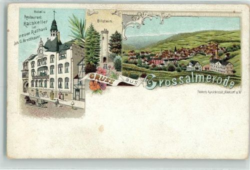 37247 W3432 Großalmerode Lithographie Hotel Gasthaus Ratskeller im neuen Rathaus G. Bretthauer Bilstein