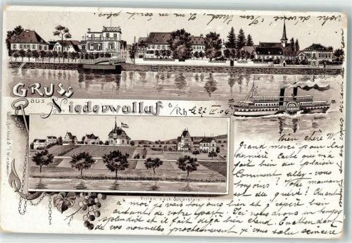 65396 W6229 Niederwalluf 1904 Lithographie Raddampfer Georg Villen nach Schierstein