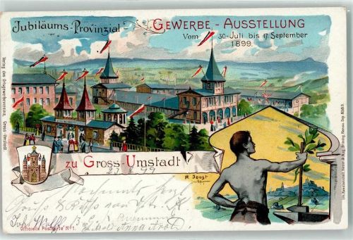 64823 W6114 Groß-Umstadt Lithographie Jubiläums-Provinzial Gewerbe-Ausstellung 1899 Wappen