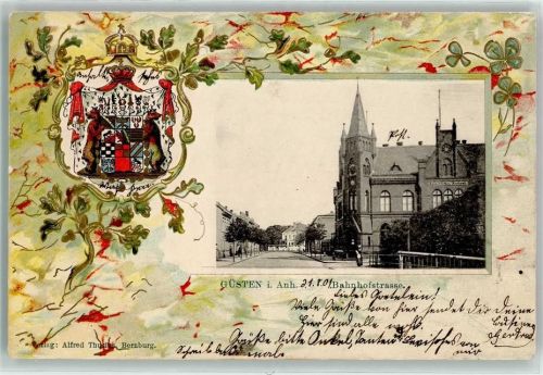 39439 O3256 Güsten , Anh 1901 Prägedruck Bahnhofstraße Wappen Lithographie Passepartout