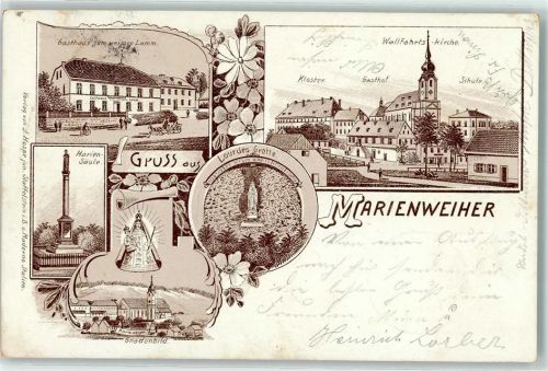 95352 W8651 Marienweiher 1904 Lithographie Gasthaus Zum weissen Lamm Wallfahrtskirche Kloster Gasthaus Schule Mariensäule Gnadenbild Lourdes-Grotte