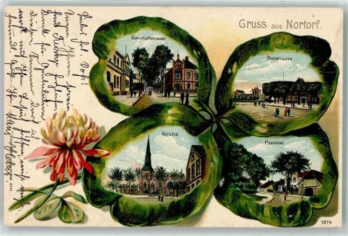 Nortorf 1905 Bahnhofstraße Poststraße Kirche Pastorat Vierblättriges Kleeblatt Lithographie