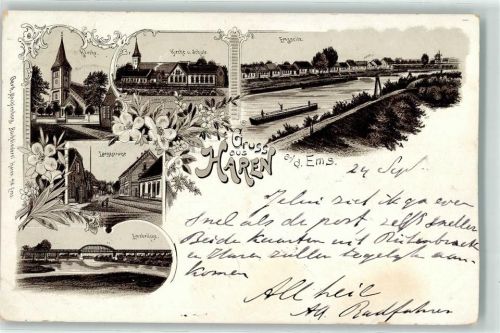 49733 W4472 Haren Ems Lithographie Kirche Schule Emsseite Langestraße Emsbrücke