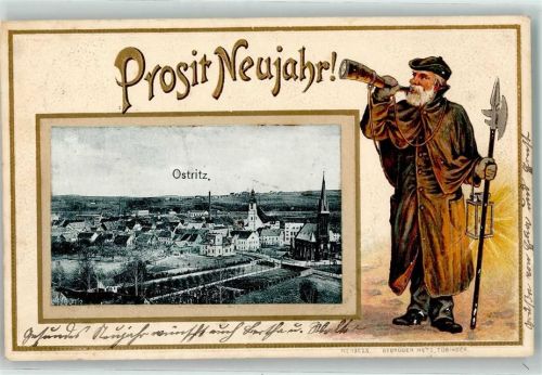 Ostritz 1903 Nachtwächter Laterne Horn Neujahr Lithographie Passepartout
