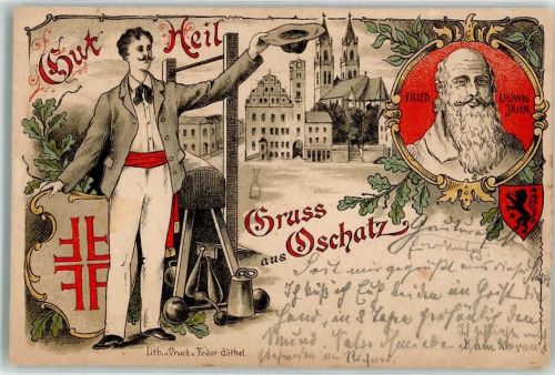 04758 O7260 Oschatz Gebrauchsspuren Gut Heil Wappen Turner Porträt Friedr. Ludwig Jahn Lithographie