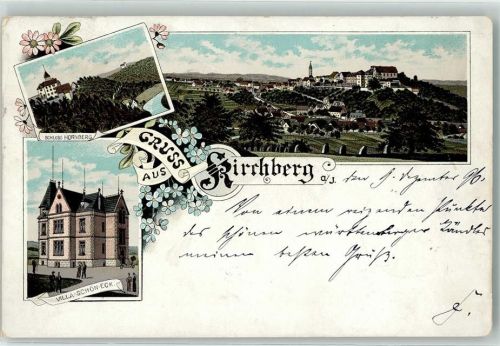 74592 W7184 Kirchberg an der Jagst 1896 Lithographie Schloss Hornberg Villa Schön-Eck
