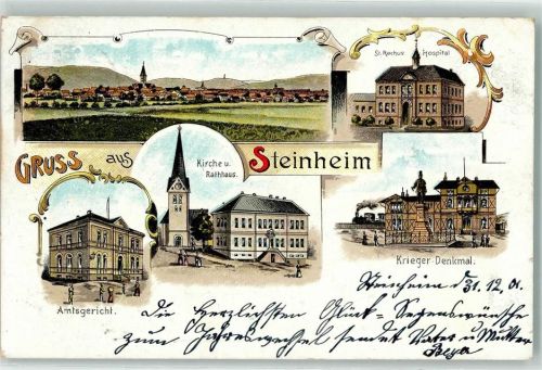 32839 W4939 Steinheim , Westf 1901 Lithographie St. Rochus Hospital Kriegerdenkmal Kirche Rathaus Amtsgericht