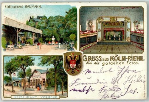 50667 W5000 Köln Riehl 503 Gebrauchsspuren Etablissement Haumann Sommertheater Gasthaus Vorberg Wappen Lithographie