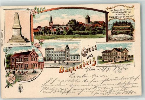 Dannenberg 1900 Prochaska Denkmal Bahnhofs Hotel Heinrich Lehmann Bahnhof Johanniter Krankenhaus Stein Dichter Theodor Körner Bundeslied vor der Schlacht