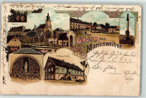 95352 W8651 Marienweiher 1903 Lithographie Kloster Gasthaus Schott Grotte Mariensäule