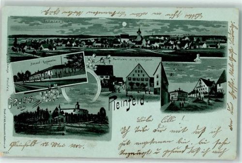 91785 W8835 Pleinfeld 1900 Lithographie / Mondschein Bahnhof-Restauration Schloss Sand-See Marktplatz Kirchgasse Rathaus