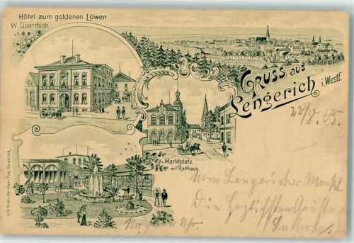 49525 W4540 Lengerich , Westf 1905 Lithographie Hotel Zum goldenen Löwen W. Quaritsch Marktplatz Rathaus Springbrunnen