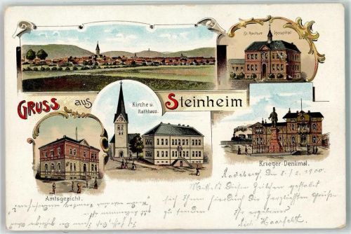 32839 W4939 Steinheim , Westf Lithographie Kirche Rathaus Amtsgericht Kriegerdenkmal St. Rochus Hospital Krankenhaus