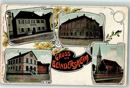 67259 W6711 Beindersheim - Bäckerei Handlung J. K. Helbig Gasthaus A. Stolzum Zum weissen Ross Kirche Gemeinde- und Schulhaus