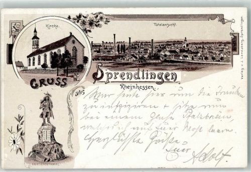 63303 W6072 Sprendlingen , Hess Lithographie Kirche Kriegerdenkmal