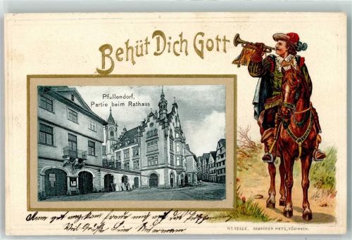 Pfullendorf 1904 Beim Rathaus Trompeter Pferd Behüt Dich Gott Lithographie Passepartout