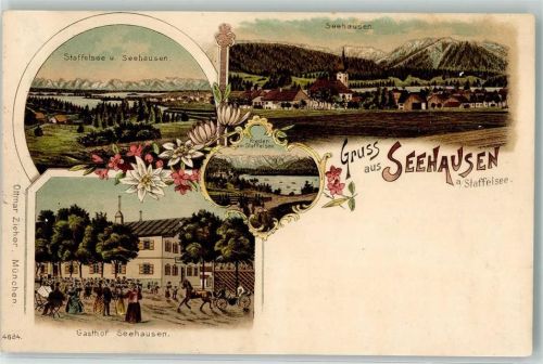 82418 W8110 Seehausen a. Staffelsee 1898 Lithographie Staffelsee Gasthaus Rieden