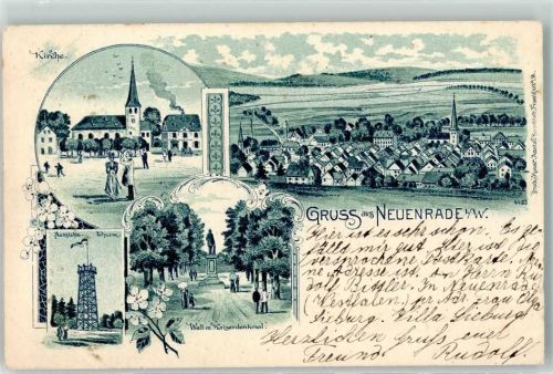 58809 W5982 Neuenrade 1903 Lithographie Kirche Aussichtsturm Wall mit Kaiserdenkmal