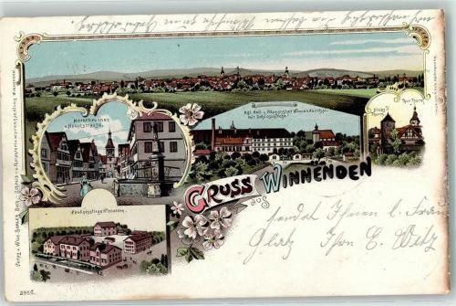 71364 W7057 Winnenden , Württ 1898 Lithographie Marktbrunnen Hauptstraße Kgl. Heil- und Pflegeanstalt Winnendenthal Diebsturm Tor-Turm Paulinenpflege