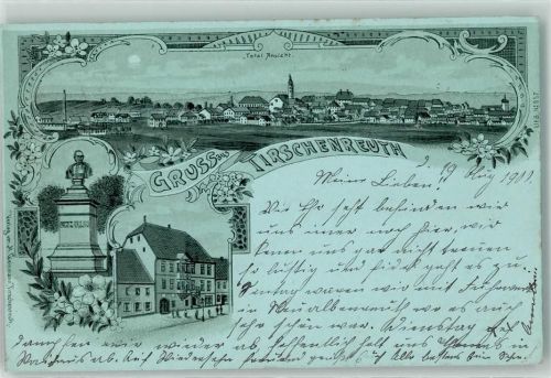 95643 W8593 Tirschenreuth 1900 Lithographie / Mondschein Schiller-Denkmal