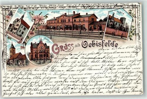 39646 O3573 Oebisfelde 1905 Lithographie Ratskeller Bahnhof Burg Kirche Postamt