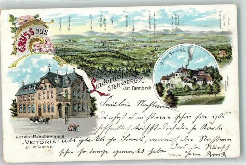 32699 W4923 Linderhofe Lithographie Hotel Pension Victoria W. Tasche Schloss Sternberg