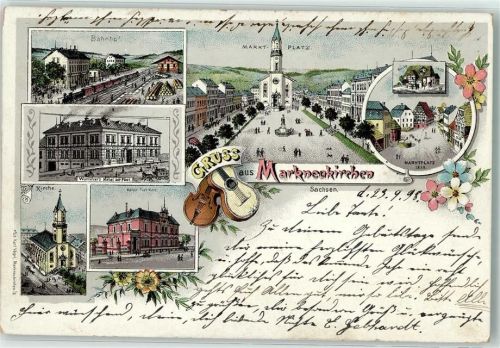 08258 O9659 Markneukirchen 1898 Lithographie Bahnhof Wurlitzers Hotel Zur Post Kirche Kaiserl. Postamt Marktplatz Geige