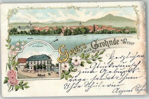 31860 W3254 Grohnde 1898 Lithographie Gasthaus im weißen Ross Chr. Papenmeyer