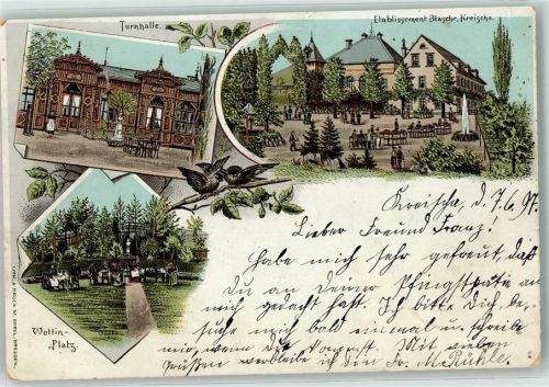 01731 O8216 Kreischa b Dresden 1897 Lithographie Turnhalle Etablissement Blasche Wettin-Platz